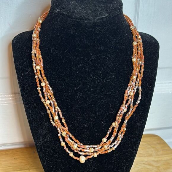 Multistrand orange amber colored seed bead fashion necklace 18” - Picture 1 of 5